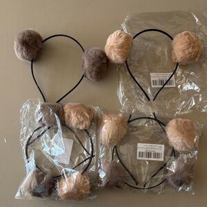 3 sets of Faux Fur Pom Pom Headbands - Beige & Taupe